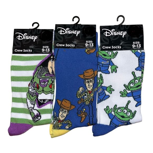 Disney Parks TOY STORY Crew Socks Set Of 3 Buzz Woody Adult 9-12 New With Tags - Picture 1 of 2